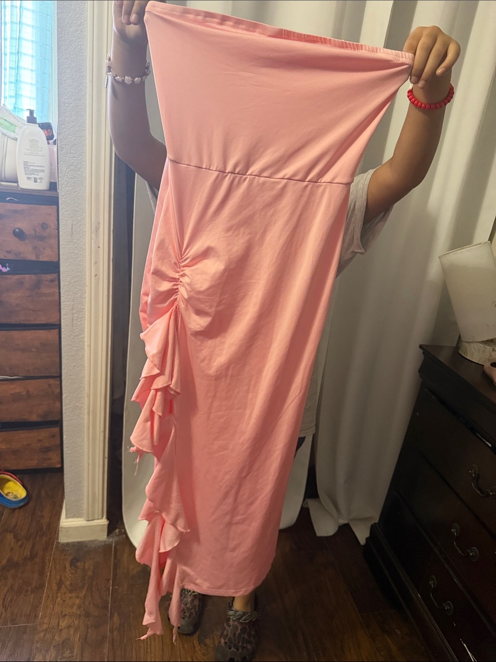 Strapless Pink Ruffle Maxi Dress